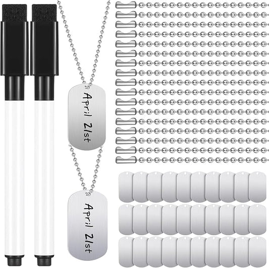 Therwen 62 Pieces Military Dog Tags Necklace Set Including 30 Aluminum Blank Dog Tag 30 Ball Stainless Steel Beaded Necklaces and 2 Erasable Markers for DIY Crafts