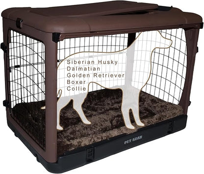 Pet Gear “The Other Door” 4 Door Steel Crate for Dogs/Cats with Garage-Style Door, Includes Plush Bed + Travel Bag, No Tools Required, Espresso