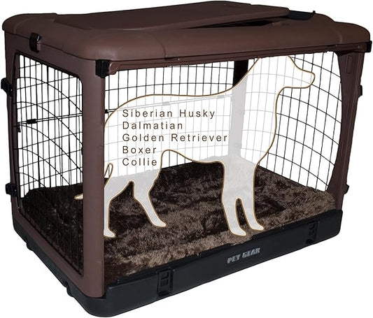 Pet Gear “The Other Door” 4 Door Steel Crate for Dogs/Cats with Garage-Style Door, Includes Plush Bed + Travel Bag, No Tools Required, Espresso