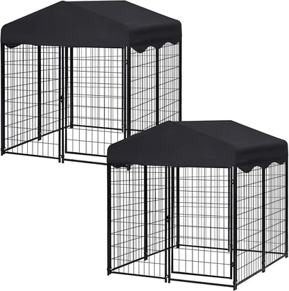 Heavy Duty Outdoor Dog House - Large Kennel with Roof, 4'L x 4'W x 4.5'H - Black Dog Crate with Cover, 2 Set