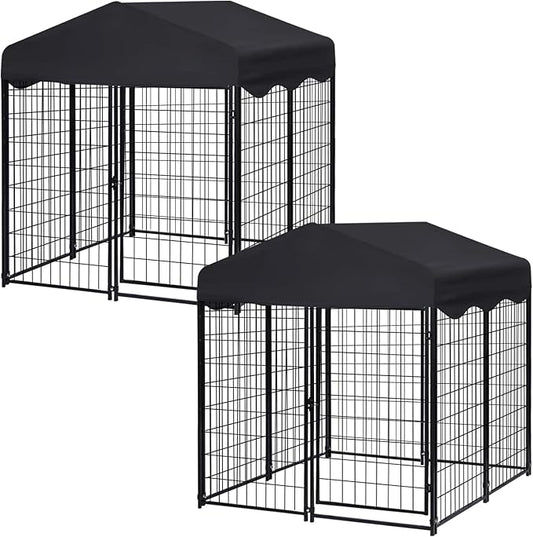 Heavy Duty Outdoor Dog House - Large Kennel with Roof, 4'L x 4'W x 4.5'H - Black Dog Crate with Cover, 2 Set