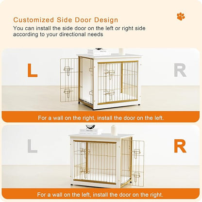 DWANTON Dog Crate Furniture with Cushion, Wooden Dog Crate Table, Double Doors Dog Furniture, Indoor Dog Kennel, Dog House, Dog Cage Medium, 32.5" L, White