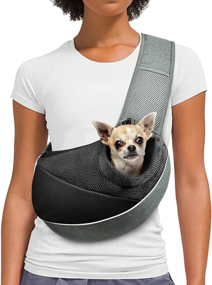 Dog Cat Sling Carrier, Adjustable Padded Shoulder Strap, with Mesh Pocket for Outdoor Travel (S - Up to 6 lbs, Black - Black)