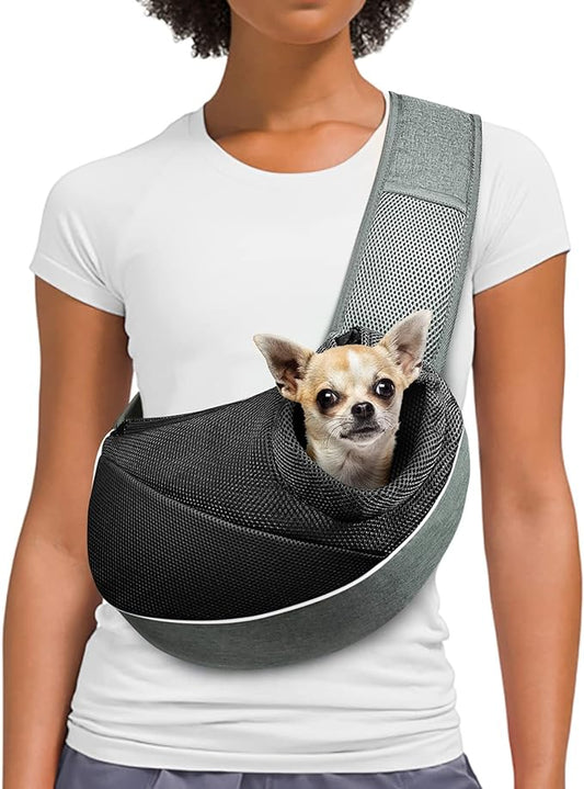 Dog Cat Sling Carrier, Adjustable Padded Shoulder Strap, with Mesh Pocket for Outdoor Travel (S - Up to 6 lbs, Black - Black)