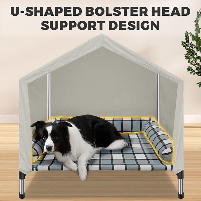 Elevated Dog Pet Bed House - Weatherproof 2-in-1 Indoor Outdoor Pet Cot with Canopy Cooling Portable Raised Dog Bed with Pillow for Camping Beach (DMHK-22)
