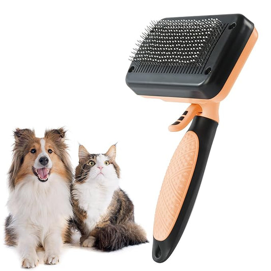 Dog & Cat Hair Brush,Self Cleaning Slicker Brush for Long Short Hair,Shedding & Grooming Pet Brush with Soft Bristle and Release Button,Orange