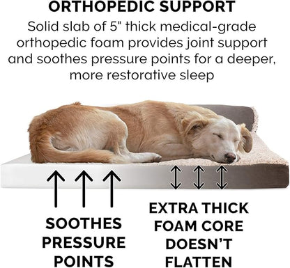 Furhaven Orthopedic Dog Bed for Large Dogs w/ Removable Bolsters & Washable Cover, For Dogs Up to 125 lbs - Two-Tone Plush Faux Fur & Suede L Shaped Chaise - Espresso, Jumbo Plus/XXL