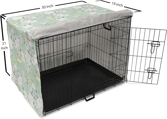 Lunarable Traditional Dog Crate Cover, Japanese Cranes Peonies Cultural Aspects Symbolic of Happy Life, Easy to Use Pet Kennel Cover for Cats & Medium Dogs, 30 Inch, Avocado Green Pale Green