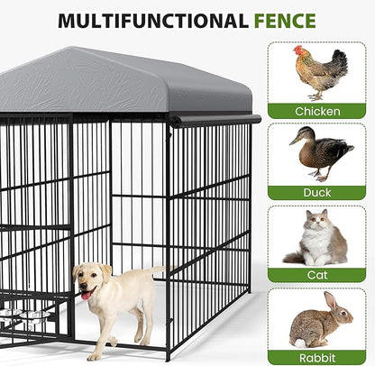 Rovibek Outdoor Dog Kennel with Roof, Dog Kennel Outside Heavy Duty Dog Playpen, Dog Run Enclosure with 2 Rotating Bowl & Sun-Proof Cover Dogs