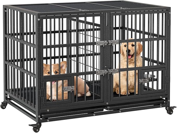 Metal Dog Crate, 42 Inch Heavy Duty Dog Crate with Divider, 2 Feeding Door and Bowls, Dog Kennel Indoor with Wheels, for 2 Small Dogs/1 Large Dog