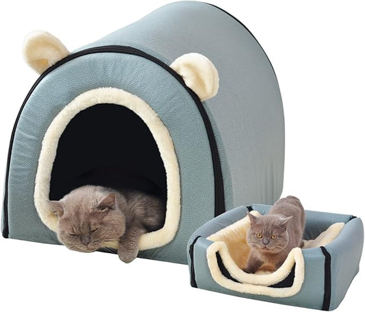 Dog Bed or Cat Bed,2 Ways to Use,Indoor Pet House with Fluffy Mat,Removable and Washable Cover,Splash-Proof House and Non-Slip Bottom,for Cats and Small Dogs(M Light Blue Faux Leather)