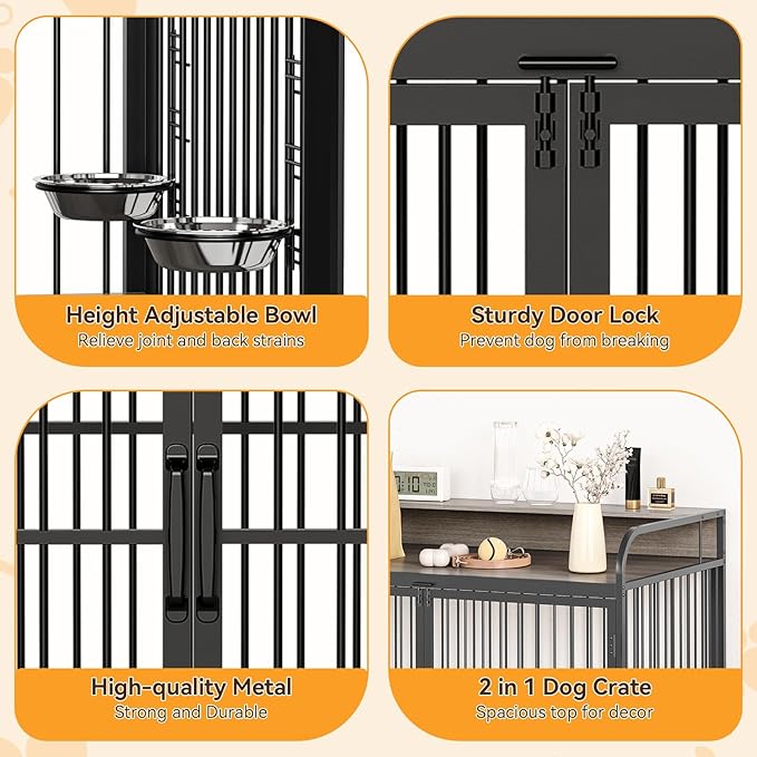IDEALHOUSE Dog Crate Furniture, 39.8" L X 22.5" W X 38.6" H,Dog Crate Indoor with Adjustable Height Bowls, Wooden Heavy Duty, 39.8 Inch Dog Kennel Furniture for Medium Dogs,Grey