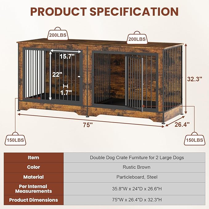 75 Inch Dog Crate Furniture, 3-in-1 Large Double Dog Crate with Trays and Divider, Doubled Dog Kennel Furniture Indoor, Dog Crate TV Stand for 2 Dogs (Brown)