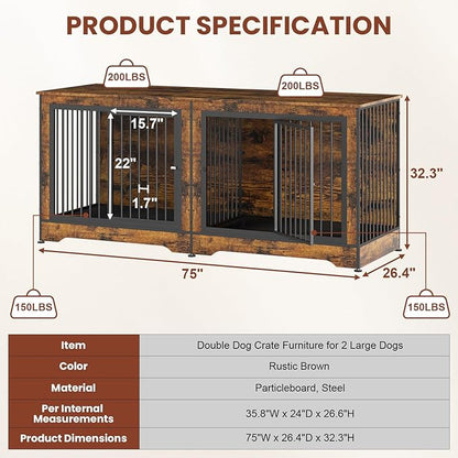 75 Inch Dog Crate Furniture, 3-in-1 Large Double Dog Crate with Trays and Divider, Doubled Dog Kennel Furniture Indoor, Dog Crate TV Stand for 2 Dogs (Brown)