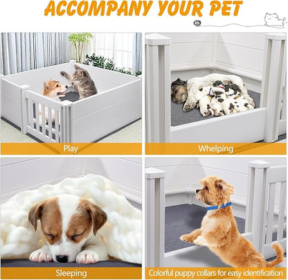 Whelping Box for Dogs and Puppies with Pig Rails and Waterproof Whelping Pad, 38×38×18in Puppies Playpen with Adjustable Height Door ID Collars for Medium Small Dogs