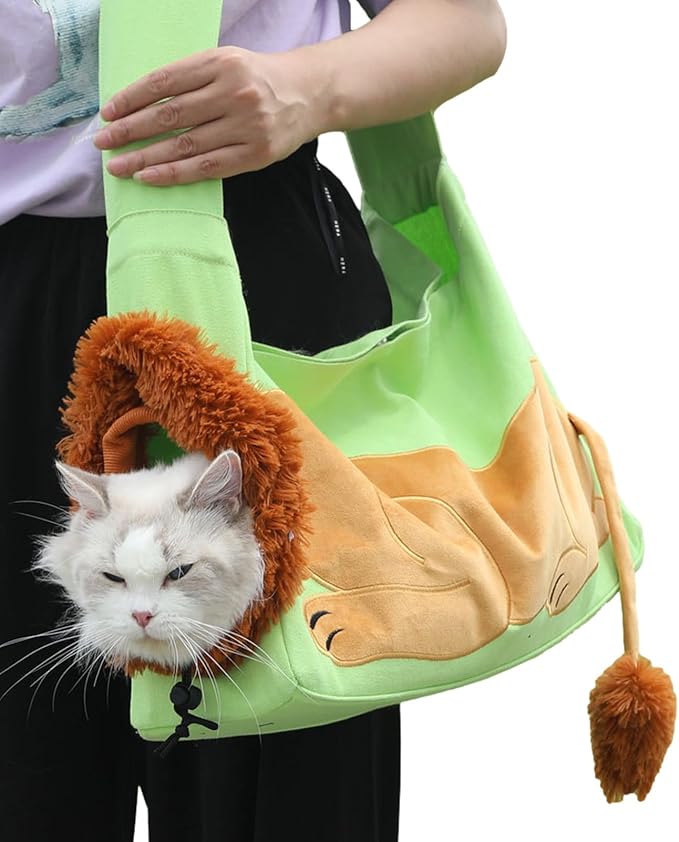 Dog Carrier Sling Lion-Shaped Pet Canvas Bag Cat Shoulder Bag Pet Body Holder for Daily Use Walking Travel Outdoor, Light Green S