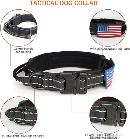KCUCOP Tactical Dog Collar, Heavy Duty Dog Collar with Handle and Metal Buckle, Military Thick Dog Collars for Medium and Large Dogs(Black-M-Reflective, 1 Patch)