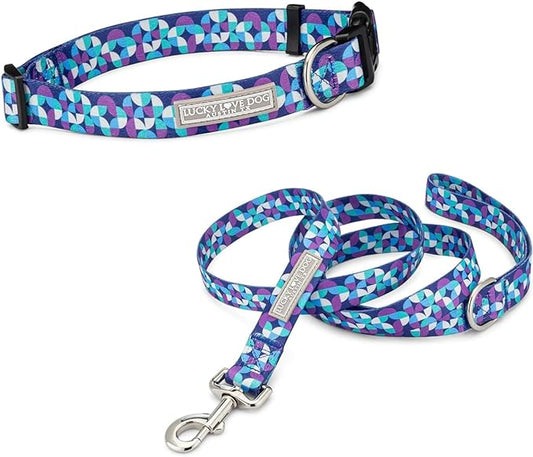 Lucky Love Dog Patterned Dog Collar & Leash - Adjustable, Durable, Soft Webbing, & Comfortable Dog Collar & Leash Set for Male and Female Dogs - in Jasper Pattern with Strong Buckle, Small Size