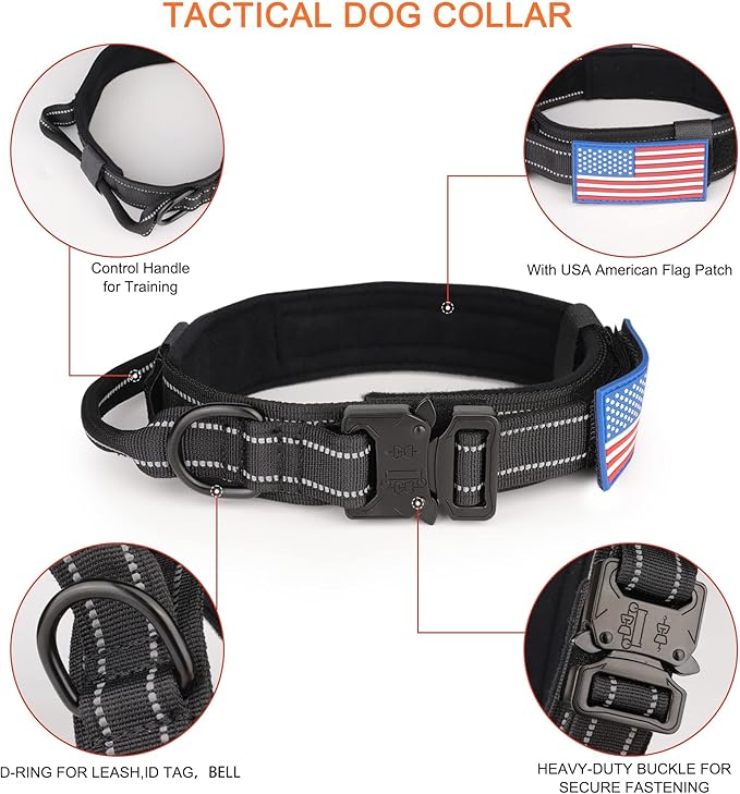 KCUCOP Tactical Dog Collar, Heavy Duty Dog Collar with Handle and Metal Buckle, Military Thick Dog Collars for Medium and Large Dogs(Black-Reflective Set-XL, 1 Patch)