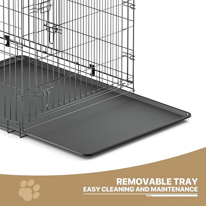 MoNiBloom 24/30/36/42/48 Dog Crates, Foldable Metal Wire Dog Cage with Double-Door, Outdoor Indoor Pet Kennels, Includes Leak-Proof Pan, Divider Panel, Black, 48"