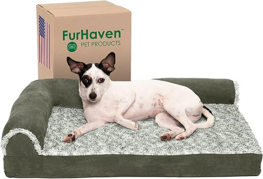 Furhaven Memory Foam Dog Bed for Medium/Small Dogs w/ Removable Bolsters & Washable Cover, For Dogs Up to 35 lbs - Two-Tone Plush Faux Fur & Suede L Shaped Chaise - Dark Sage, Medium