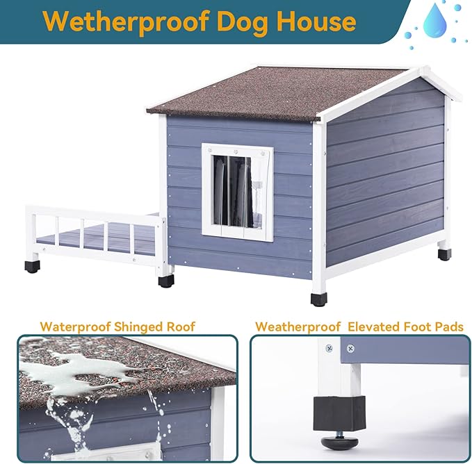 Wooden Dog House with Detachable Patio and Open Waterproof Asphalt Roof,Outdoor Dog Kennel W/Side Window,Front Door Design and PVC Door Curtain,Rainproof & Windproof Dog Cage for Pets,Gray