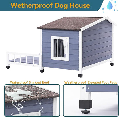 Wooden Dog House with Detachable Patio and Open Waterproof Asphalt Roof,Outdoor Dog Kennel W/Side Window,Front Door Design and PVC Door Curtain,Rainproof & Windproof Dog Cage for Pets,Gray
