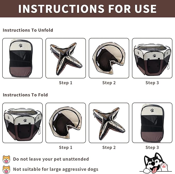 Portable Pet Playpen for Small Cat Dog Puppy Rabbit,Cat Kitten Playpen Indoor Outdoor with Carrying Case,Waterproof Bottom and Removable Zipper Top (M(35.4" x35.4" x23.6"), Brown)