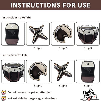 Portable Pet Playpen for Small Cat Dog Puppy Rabbit,Cat Kitten Playpen Indoor Outdoor with Carrying Case,Waterproof Bottom and Removable Zipper Top (M(35.4" x35.4" x23.6"), Brown)