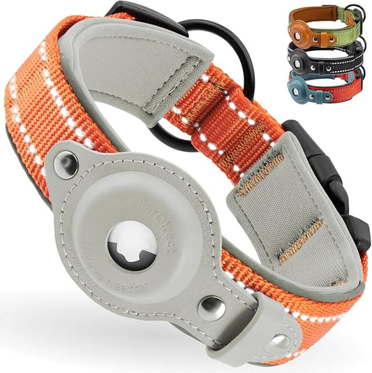 CollarDirect Airtag Dog Collar Reflective Nylon Neoprene Leather Holder for Apple Air Tag for Large, Medium, and Small Dogs (Orange, S, 12-14.5 Inch)