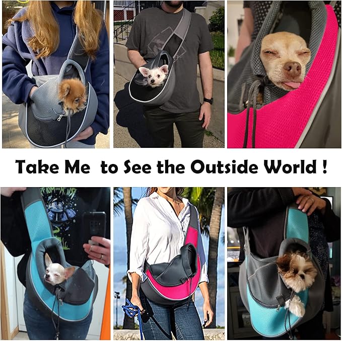 WOYYHO Pet Dog Sling Carrier Adjustable Strap Breathable Mesh Dog Slings for Small Dogs with Zipper Touch Pocket Safety Leash Dog Sling Carrier for Outdoor Travel (S (2-4.5 lbs), Rose)