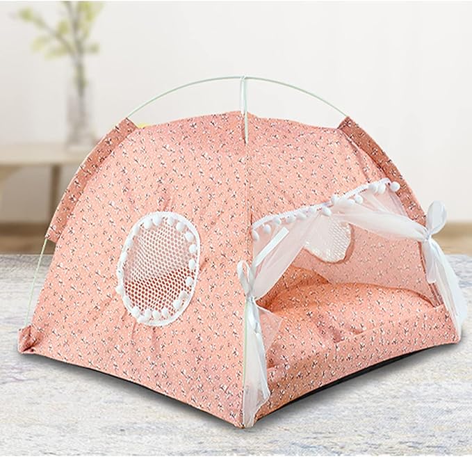 Cute Dog Tent House, Indoor Pet Tent Waterproof Bottom Detachable Cat Princess Indoor Tent House Pet Dog Cute Floral Cave Nest Bed Portable Dog Tents with Mesh Door Window for All Seasons (Pink)