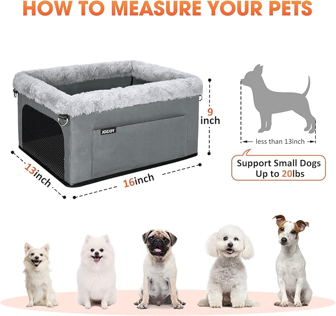 JOEJOY Deluxe Dog Booster Seat with Sturdy Metal Frame and Safety Leash for Small Pets up to 20 lbs - Portable Puppy Dog Car Seat with Thick Cushion and Storage Pockets for Small Dogs
