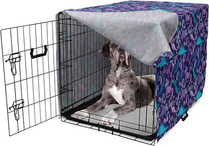 Lunarable Jurassic Dog Crate Cover, Abstract Cartoon Dinosaur Pattern Ferns Caricature Style Creatures Prehistoric, Easy to Use Pet Kennel Cover for Medium Large Dogs, 48 Inch, Blue Purple