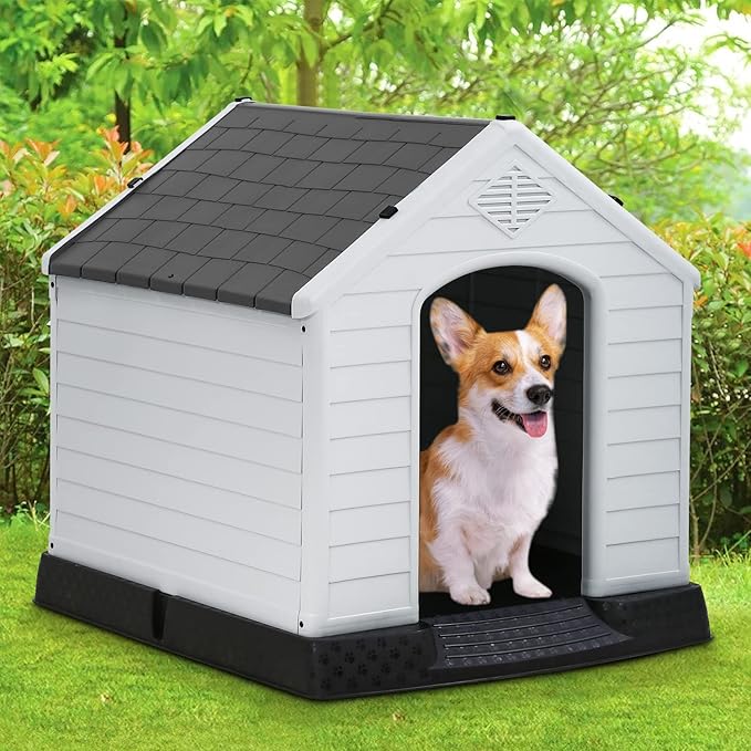 FDW Dog House Indoor Outdoor Durable Ventilate Waterproof Pet Plastic Dog House for Small Medium Large Dogs Insulated Puppy Shelter Kennel Crate with Air Vents and Elevated Floor