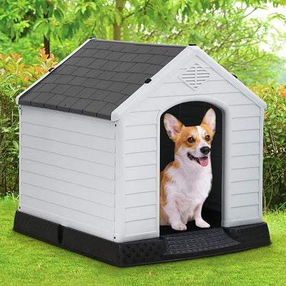 FDW Dog House Indoor Outdoor Durable Ventilate Waterproof Pet Plastic Dog House for Small Medium Large Dogs Insulated Puppy Shelter Kennel Crate with Air Vents and Elevated Floor