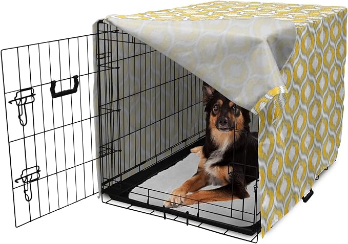Lunarable Mustard Dog Crate Cover, Eastern Ikat Style Pattern with Modern Blurry Color Distortion Effects, Easy to Use Pet Kennel Cover for Medium Large Dogs, 36 Inch, Grey Yellow