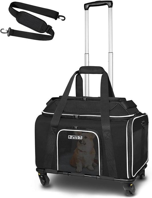 Petskd Top-Expandable Pet Carrier with Wheels 18x13x9.5 Inches Southwest Allegiant Airline Approved, Soft-Sided Carrier for Small Cats Dogs with Locking Safety Zippers and Anti-Scratch Mesh(Black)