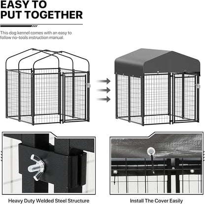 MoNiBloom Outdoor Dog Kennels for Small/Medium Dogs, Weatherproof Dog Pen Run with Cover and Rotating Feeding Door, 4.6ft High Expandable Dog Playpen for Outside Yard, 8 Panels with Powder Coating