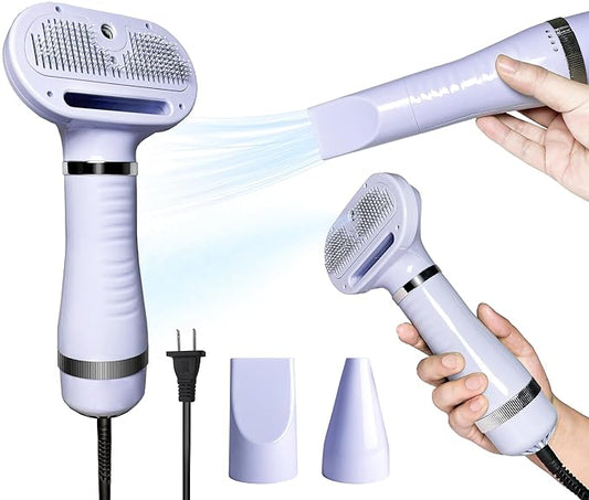 Spray Cat Brush for Shedding Pet Hair Dryer with Slicker Brush - Home Grooming Furry Portable Drying Blower for Short Straight Hair Cat - 3 in 1 Cleaning Brush for Cats and Dogs (PURPLE)