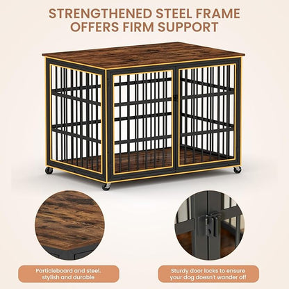 NicBex Dog Crate Furniture Dog Cage with Side Doors Opening, Dog Kennels for Inside Space, Wooden Dog Crate with Iron Doors and Lift Top for Medium and Small Dogs, Rustic Brown