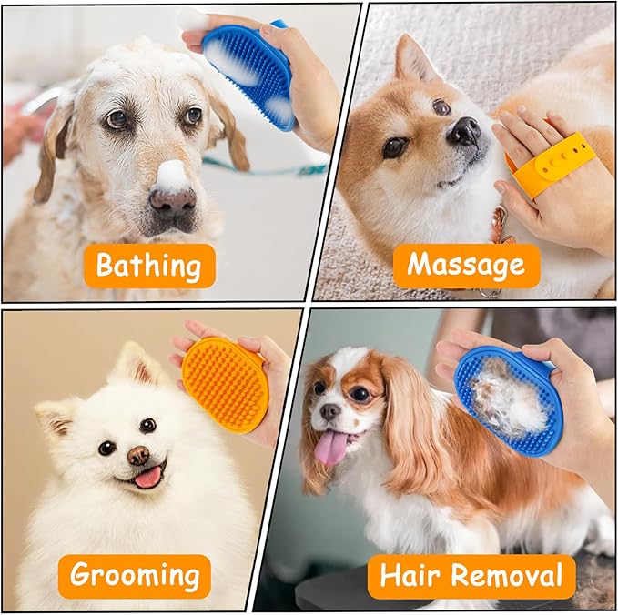 Ponpon 3PCS Dog Bath Brush with 4Pcs Dog Toothbrush, Dog Scrubber for Bath, Dog Shampoo brush with Adjustable Ring Handle, Dog Shower Brush for Long Short Hair