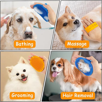 Ponpon 3PCS Dog Bath Brush with 4Pcs Dog Toothbrush, Dog Scrubber for Bath, Dog Shampoo brush with Adjustable Ring Handle, Dog Shower Brush for Long Short Hair