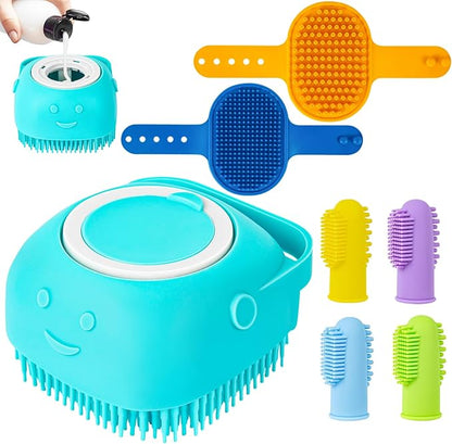 Ponpon 3PCS Dog Bath Brush with 4Pcs Dog Toothbrush, Dog Scrubber for Bath, Dog Shampoo brush with Adjustable Ring Handle, Dog Shower Brush for Long Short Hair