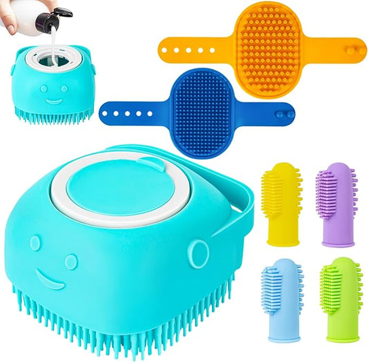 Ponpon 3PCS Dog Bath Brush with 4Pcs Dog Toothbrush, Dog Scrubber for Bath, Dog Shampoo brush with Adjustable Ring Handle, Dog Shower Brush for Long Short Hair