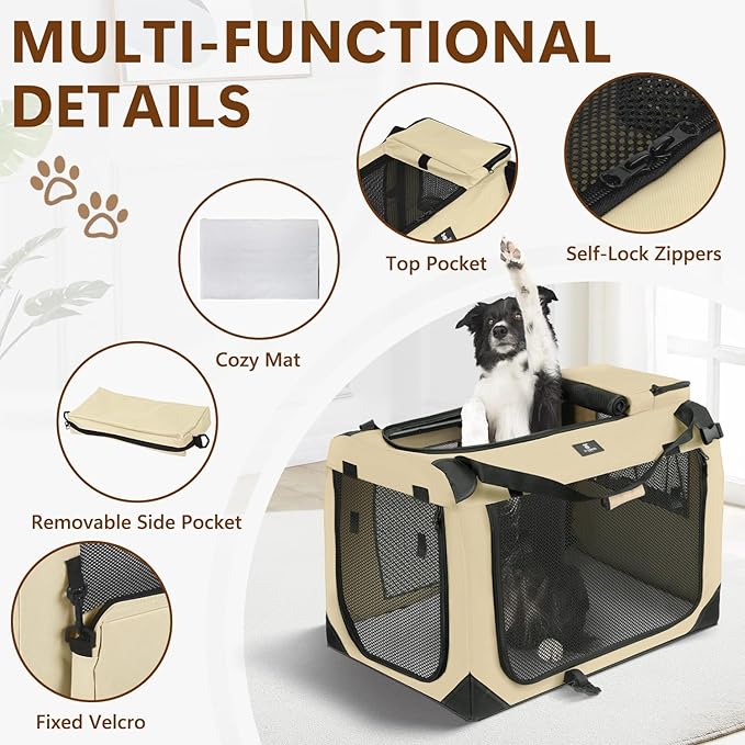 X-ZONE PET Dog Crate 3-Door Kennel, Collapsible Portable Soft Sided Pet Carriers for Indoor & Outdoor, Multiple (32-Inch, Rice White)