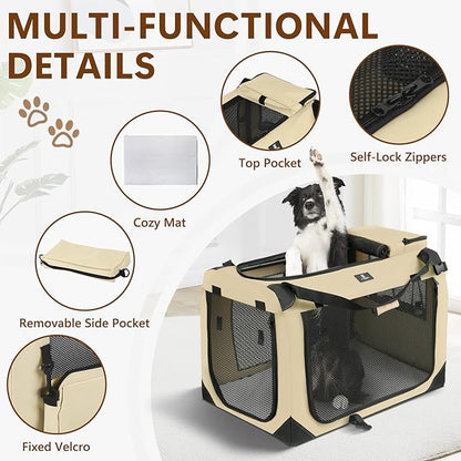 X-ZONE PET Dog Crate 3-Door Kennel, Collapsible Portable Soft Sided Pet Carriers for Indoor & Outdoor, Multiple (40-Inch, Rice White)