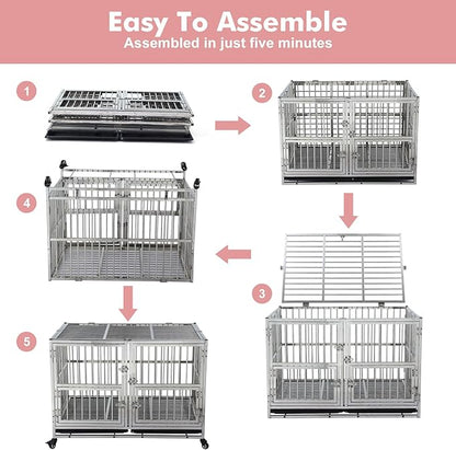 42" Heavy Duty Dog Crate Cage Kennel with Wheels, Full Stainless Steel High Anxiety Indestructible Dog Crate, Sturdy Locks Design, Double Door Small Door Design & Removable Tray Design (Silver)