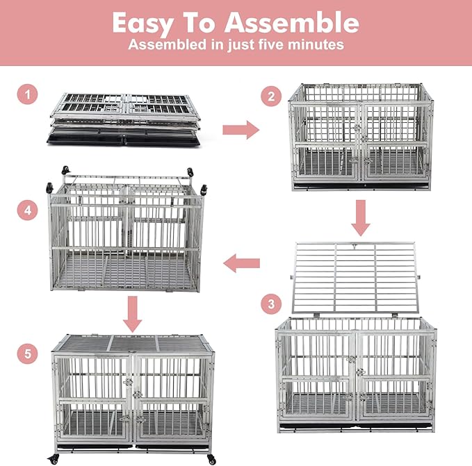 48"(Update) Heavy Duty Dog Crate Cage Kennel with Wheels, Full Stainless Steel High Anxiety Indestructible Dog Crate, Sturdy Locks Design, Double Door Small Door Design & Removable Tray Design