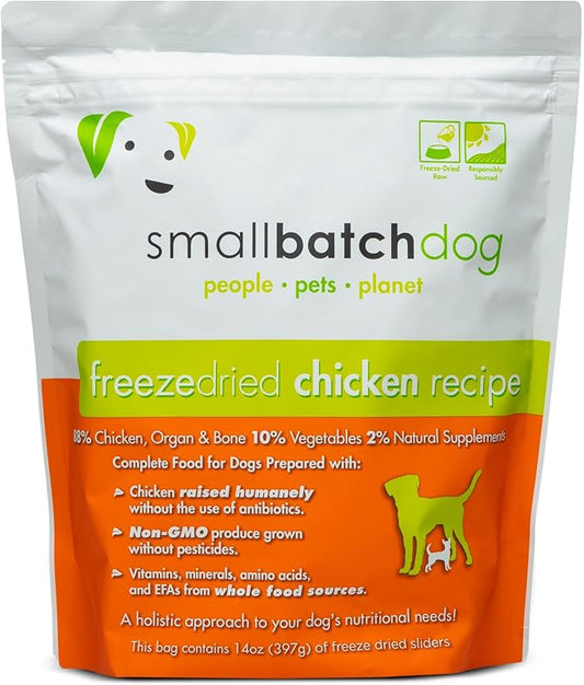 Smallbatch Pets Freeze-Dried Premium Raw Food Diet for Dogs, Chicken Recipe, 14 oz, Made in The USA, Organic Produce, Humanely Raised Meat, Hydrate and Serve Patties, Single Source Protein, Healthy